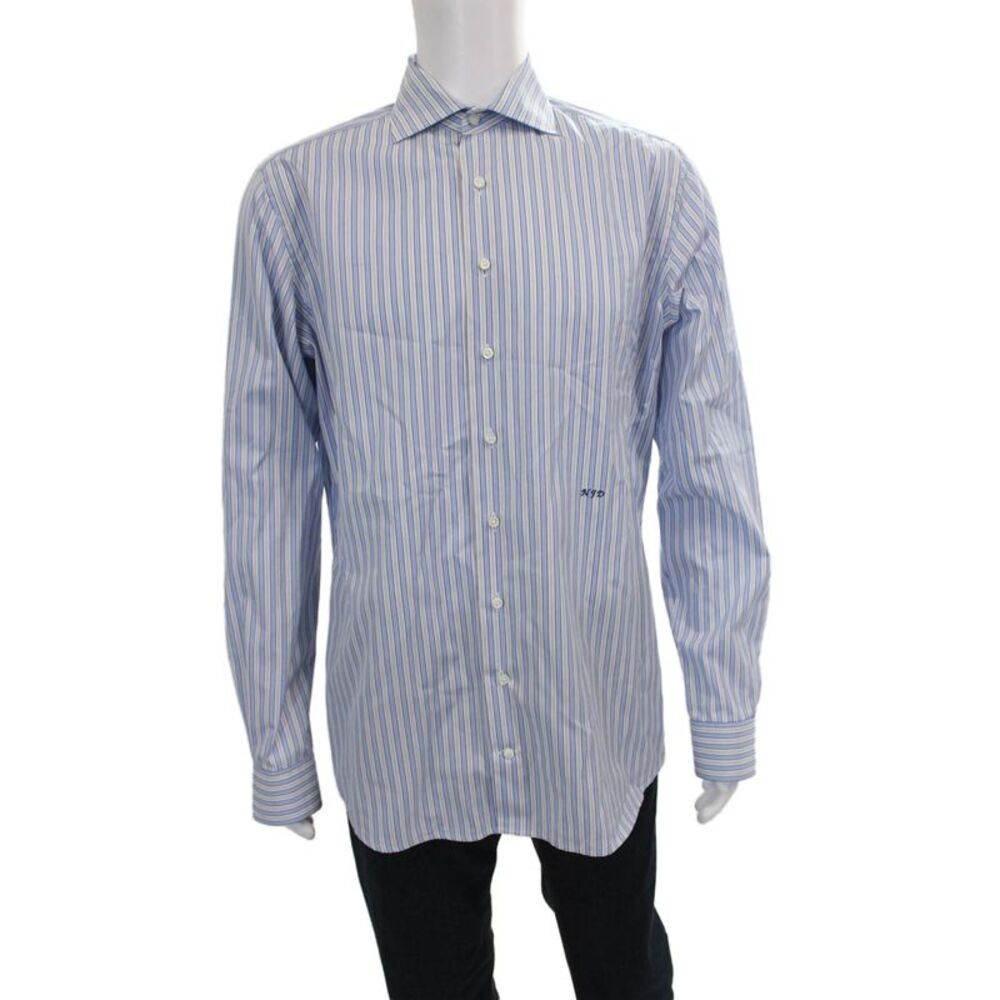 Michael Andrews Mens Blue Striped Cotton Dress Shirt Long Sleeve Size 42